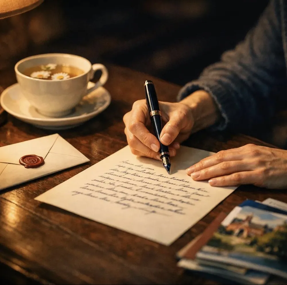A person writing a personal letter with a fountain pen by lamplight, a wax-sealed envelope and cup of tea nearby