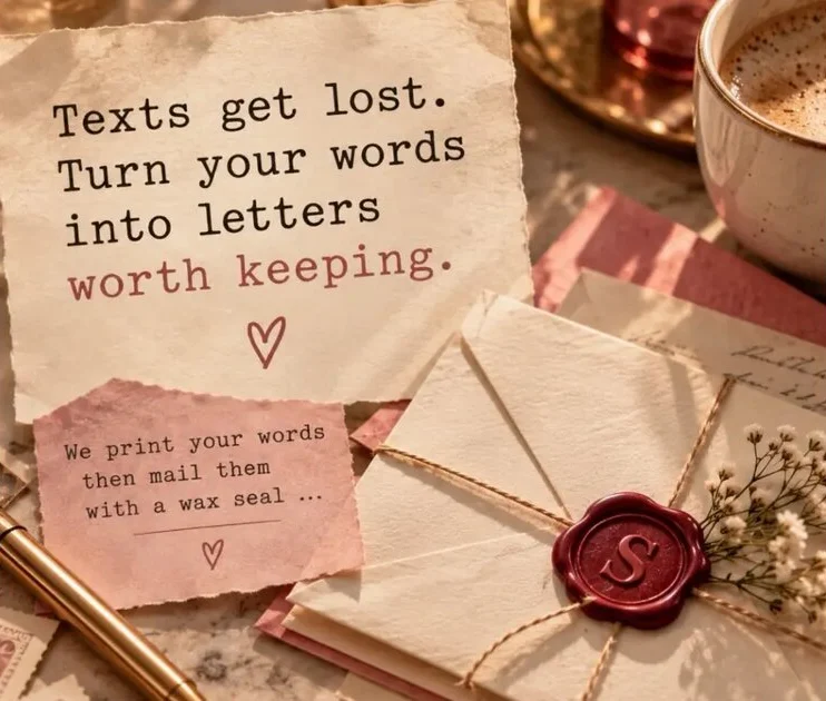 Torn paper notes reading “Texts get lost. Turn your words into letters worth keeping.” beside a wax-sealed envelope tied with twine