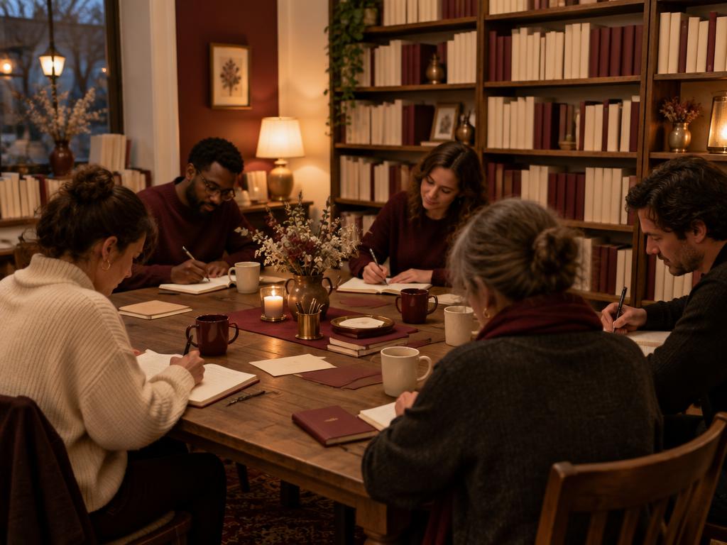 A small group writing in notebooks around a candlelit table in a bookstore