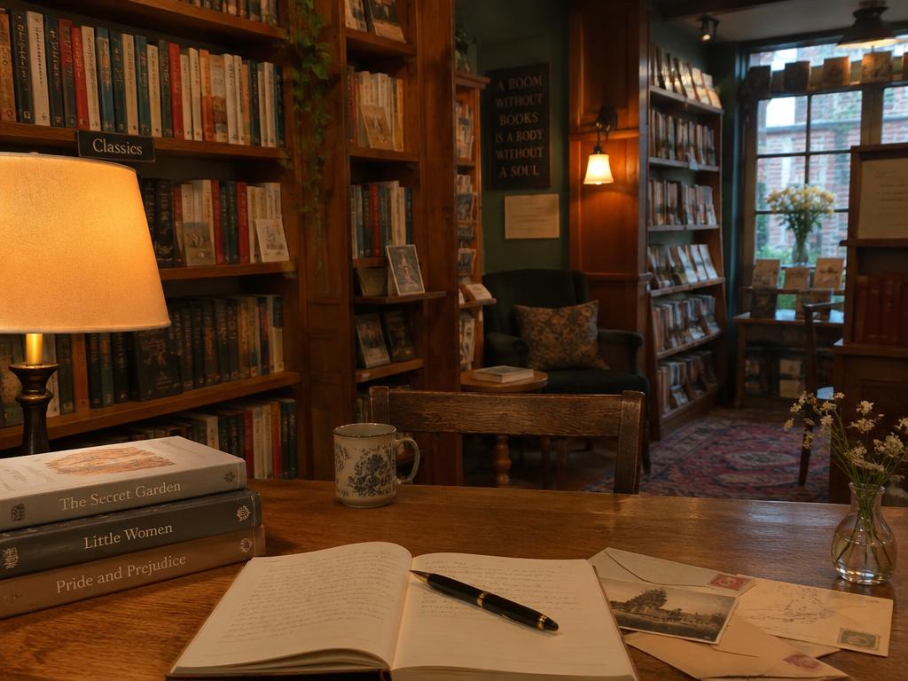 A lamp-lit bookstore reading table with an open notebook, pen and old letters
