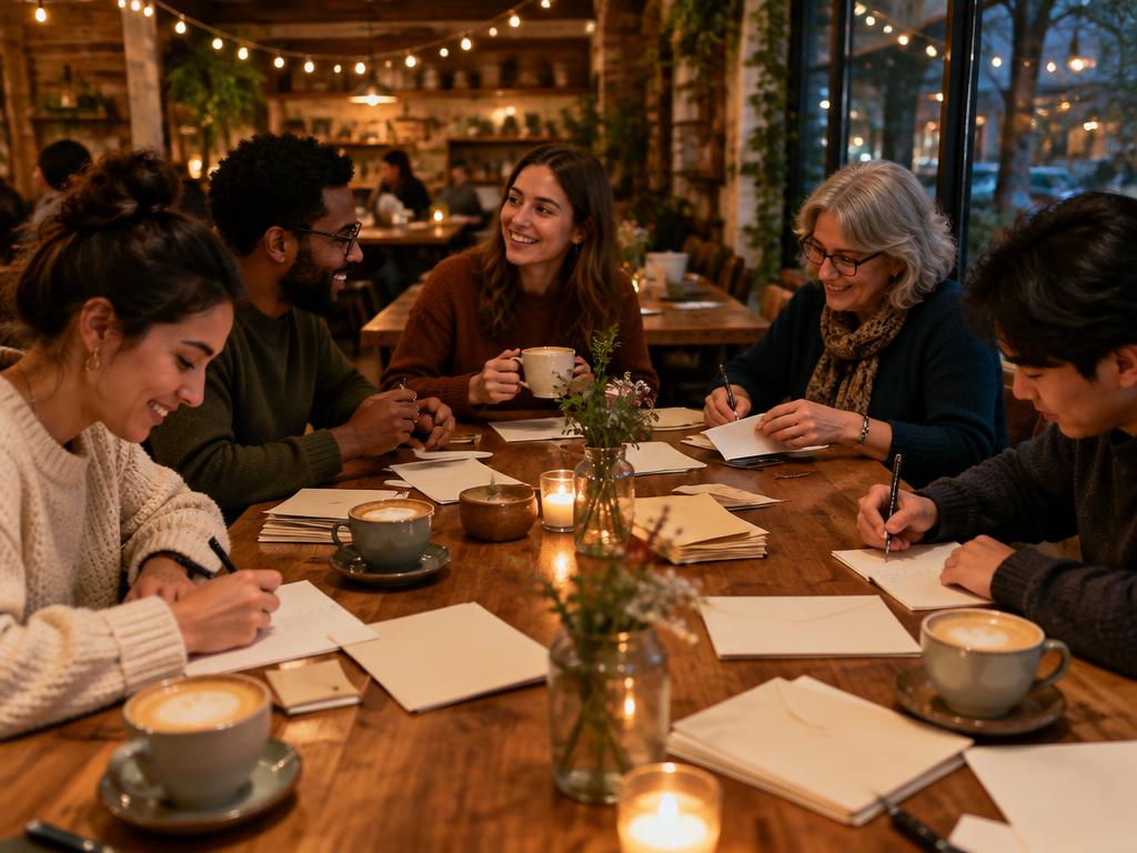 Neighbors at a long café table with lattes, writing letters and chatting under string lights