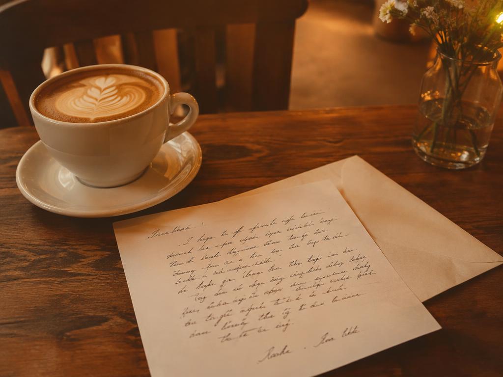 A latte beside a handwritten letter and envelope on a wooden café table