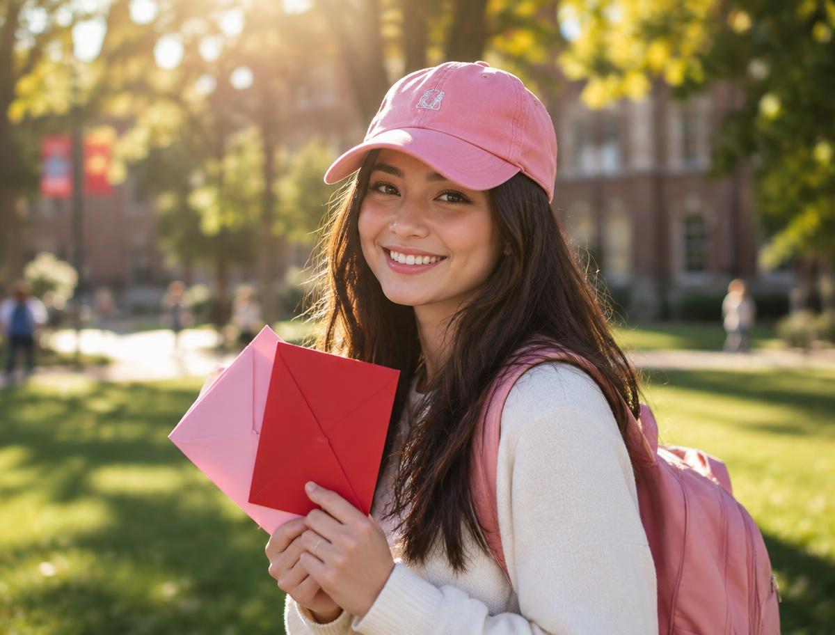 Smiling student in a pink cap holding pink and red envelopes on a sunny campus lawn