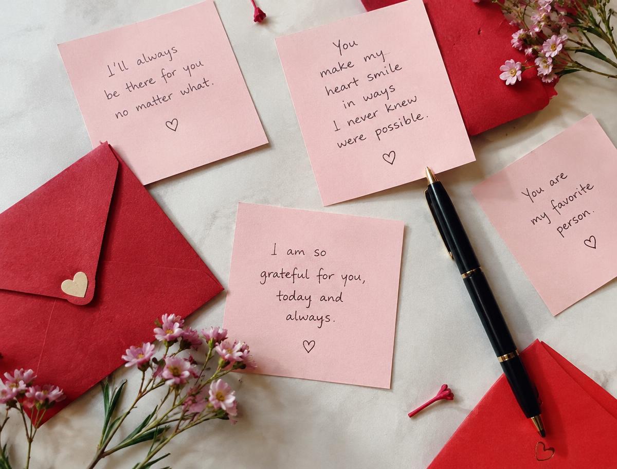 Pink handwritten note cards and red envelopes with a pen and small pink flowers
