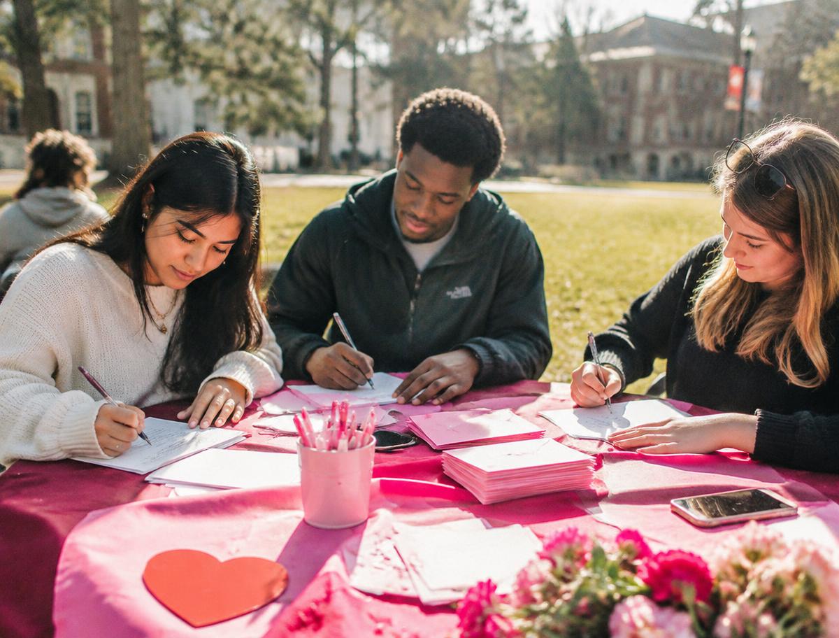 Three students writing letters at a pink-covered table on a campus quad