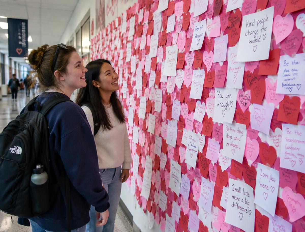 Two students smiling at a wall covered in pink and red handwritten notes and hearts