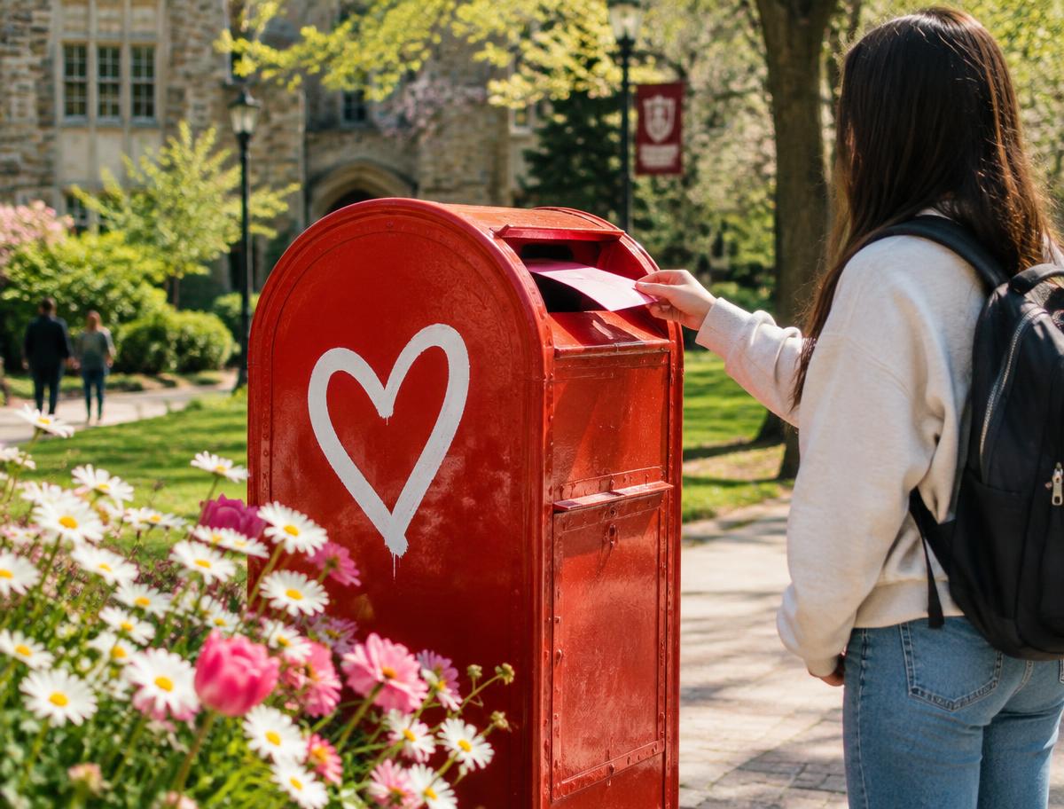 A student dropping a pink envelope into a red mailbox painted with a white heart on campus