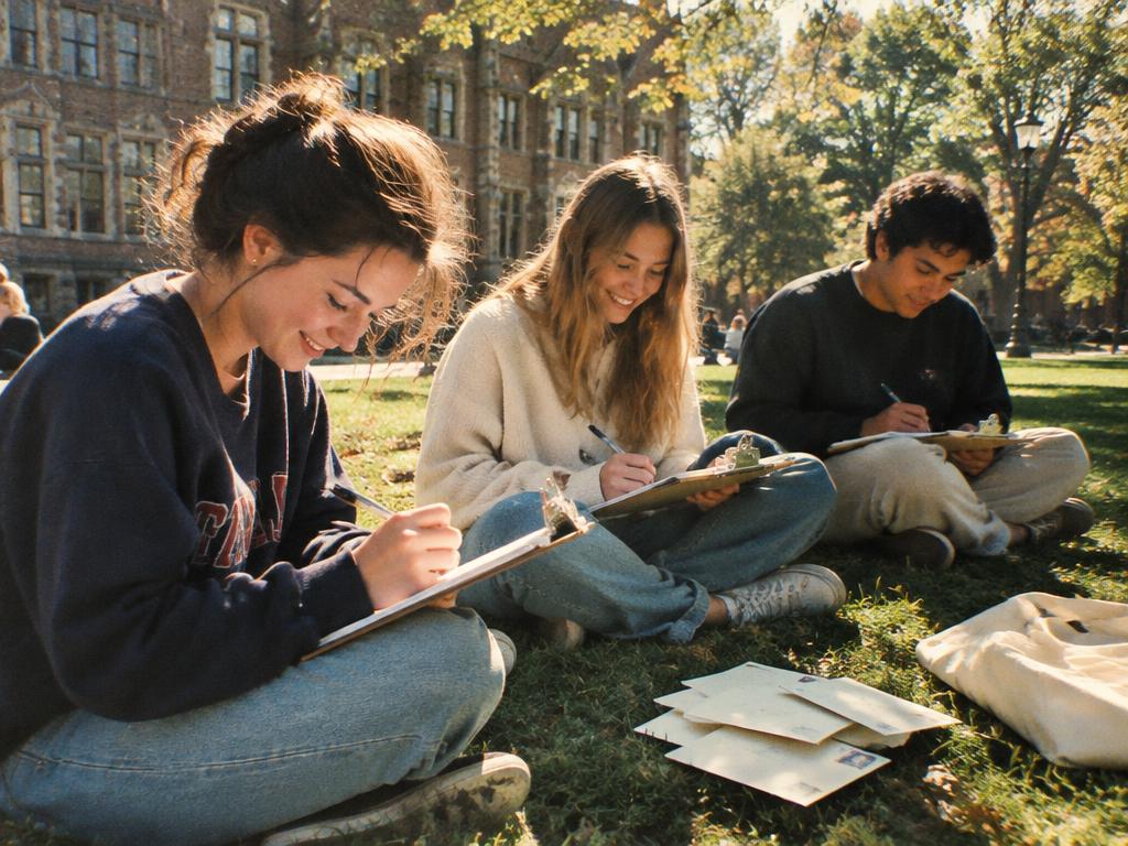 Three students sitting on a campus lawn writing letters on clipboards