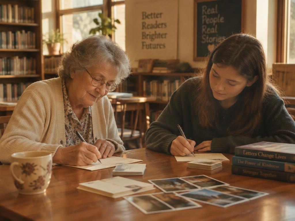 An older woman and a teenager writing letters together at a library table