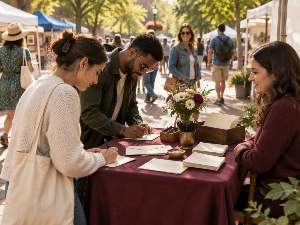 Passersby writing letters at a burgundy-covered writing table at a sunny street fair