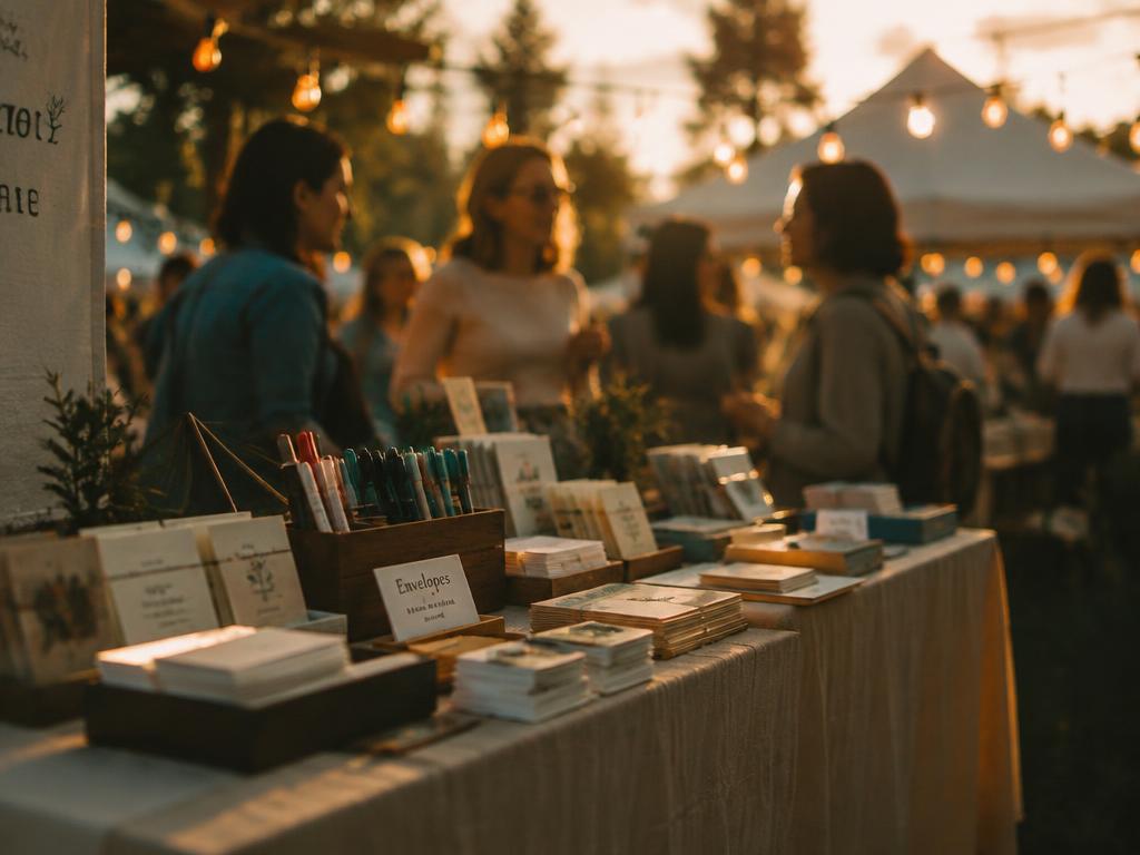 A stationery table at an outdoor evening market under string lights