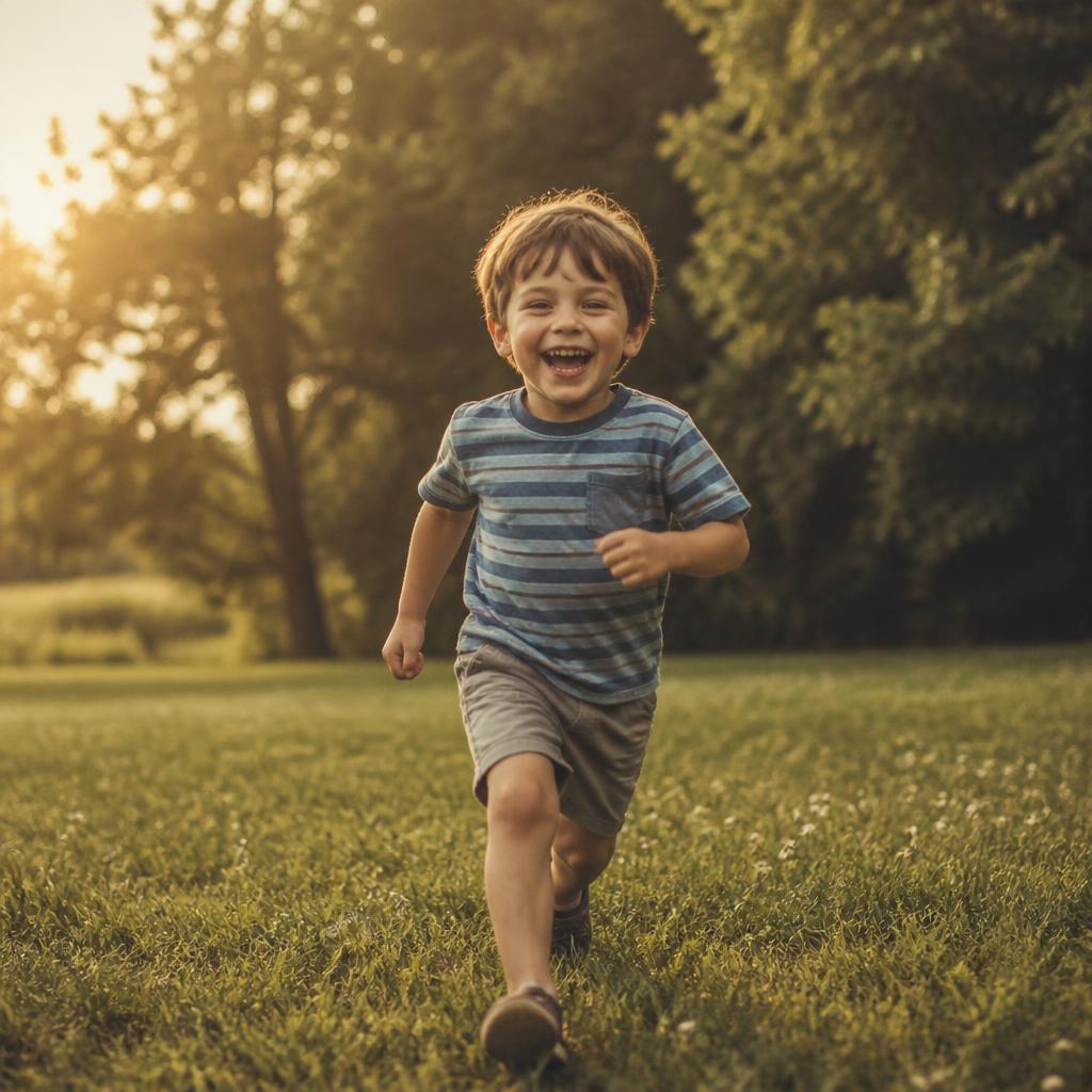 A faded Polaroid of a child running through a summer field