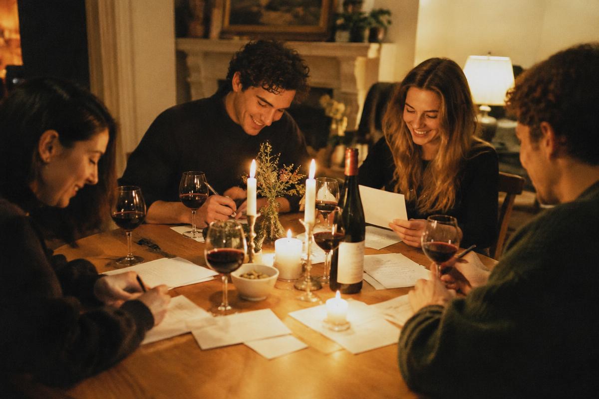 Friends around a candlelit dinner table writing letters together